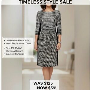 Lauren Ralph Lauren Houndstooth Sheath Dress 10P Black White Ruched Slimming